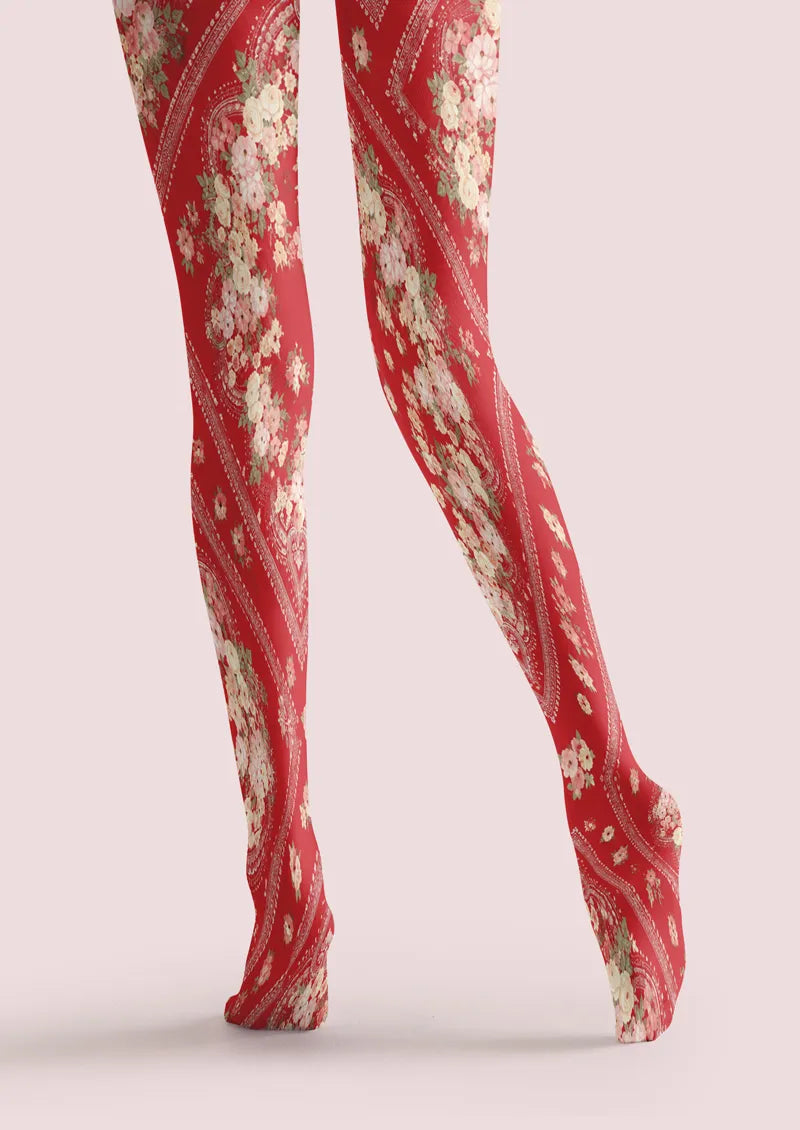 Red Rose Floral Scarf Print Tights Hosiery Pantyhose
