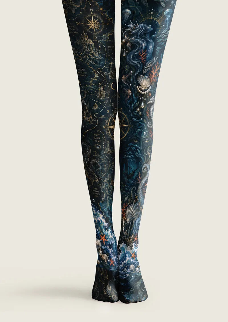 Blue printed tights with a nautical map, siren figure, shells, pearls, and underwater motifs