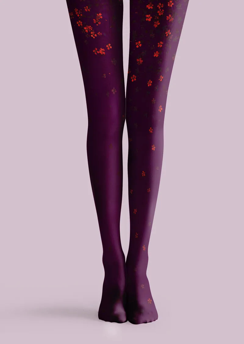 Purple printed tights with scattered small red floral pattern