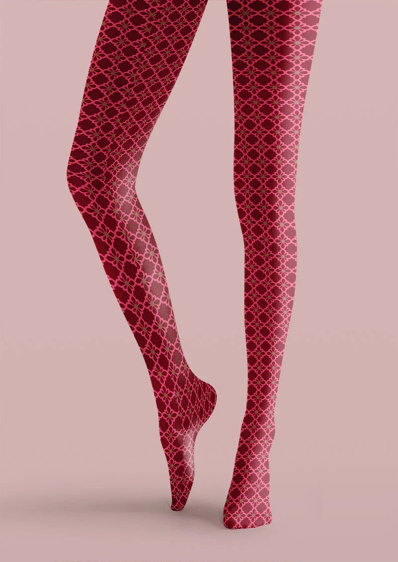 Crimson Quatrefoil Pattern Tights Hosiery Pantyhose
