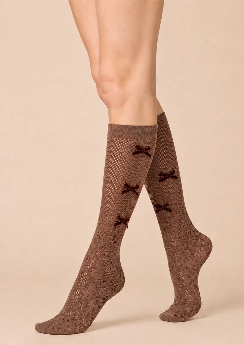 Mocha Bow Lace Mesh Knee-High Socks