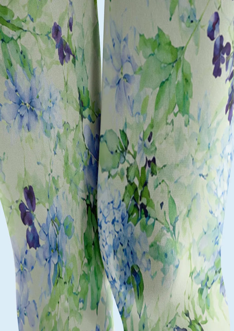 Blue Green Watercolor Floral Print Tights Hosiery Pantyhose