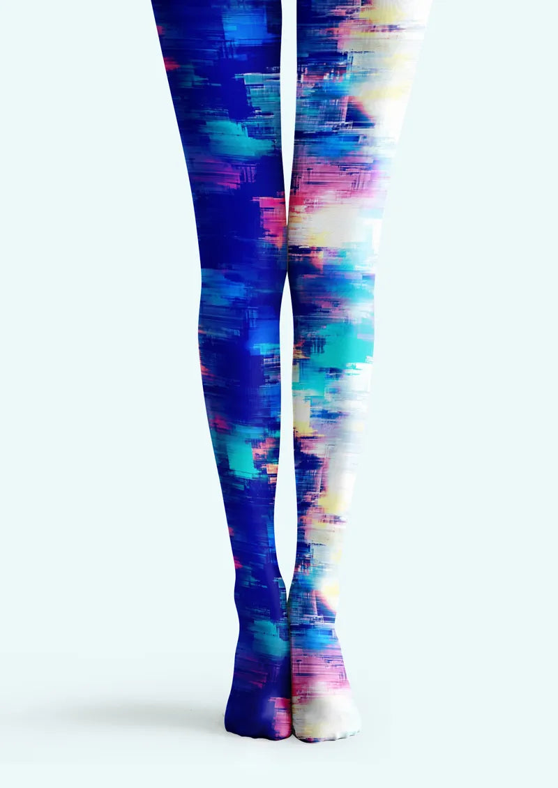 Blue printed tights with abstract glitch-style block pattern