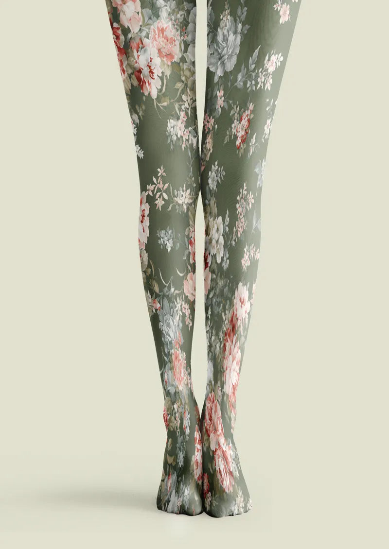 Olive Green Vintage Rose Floral Print Tights Hosiery Pantyhose