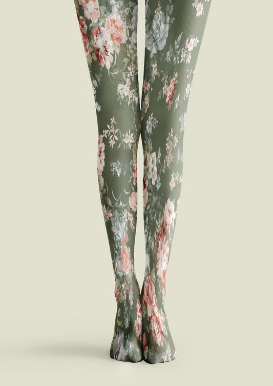 Olive Green Vintage Rose Floral Print Tights Hosiery Pantyhose
