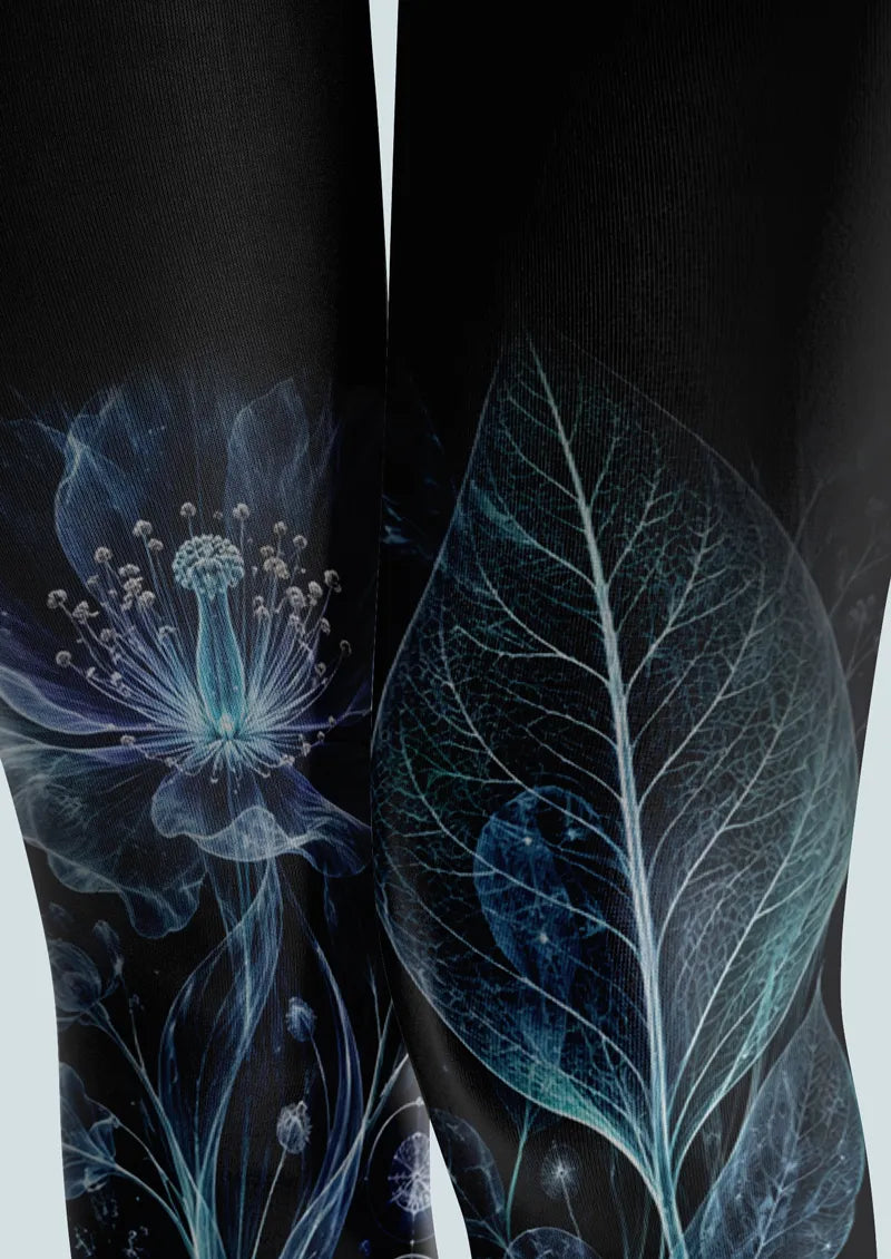 Black Blue Botanical Floral Tights