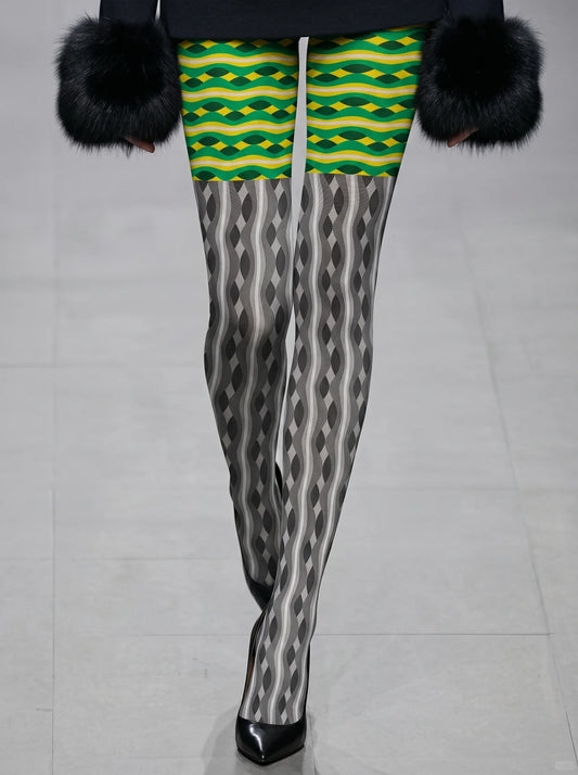 Two-Tone Green Grey Geometric Striped Pattern Tights Hosiery Pantyhose