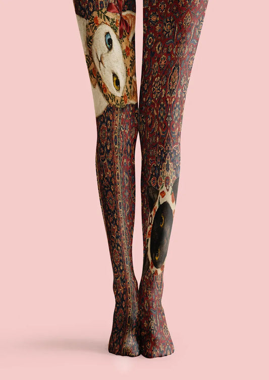 Front product view of Two-Tone Black and White Cat Tapestry Tights