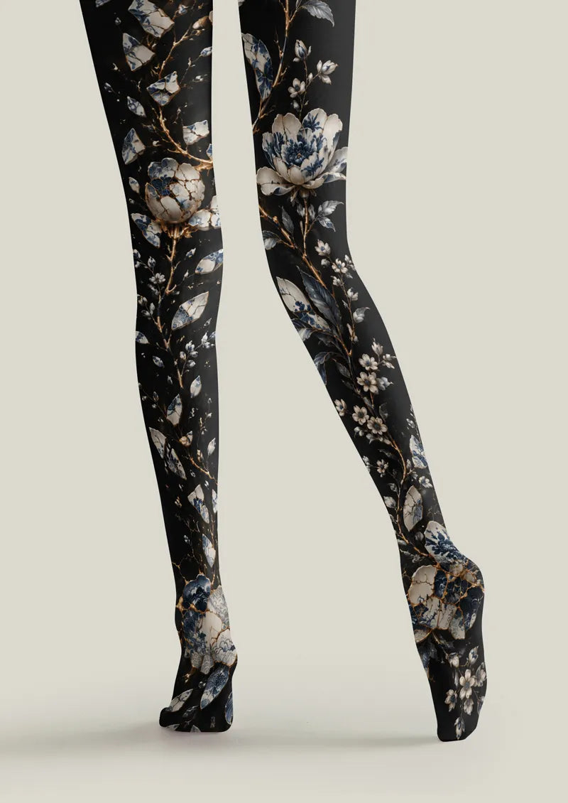 Black Blue Porcelain Floral Tights