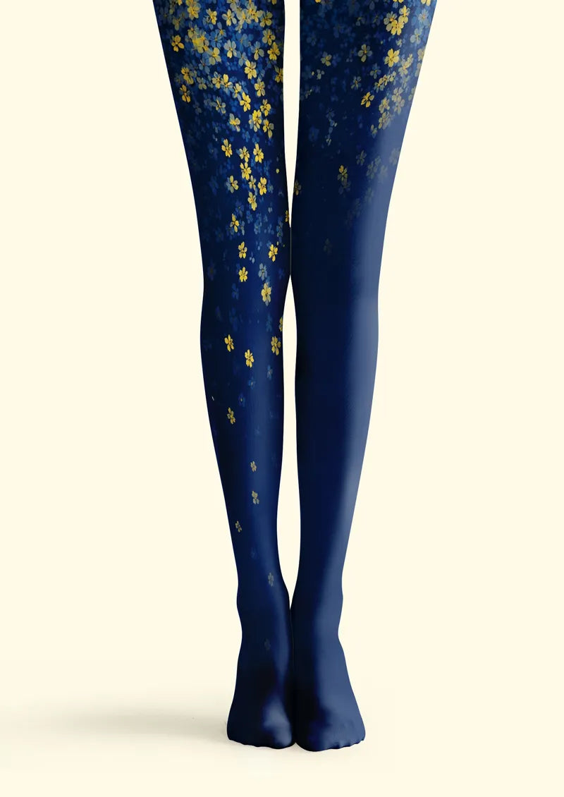 Blue printed tights with scattered small yellow flower pattern