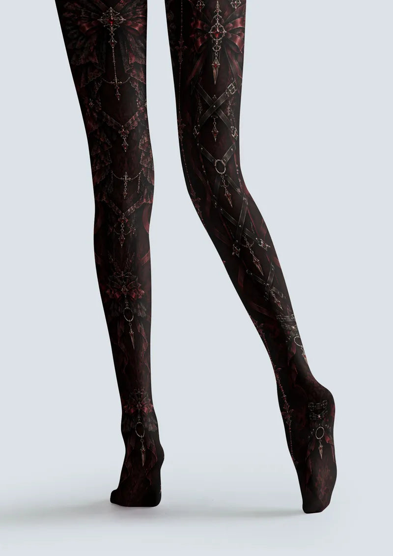 Black Burgundy Gothic Ribbon Tights