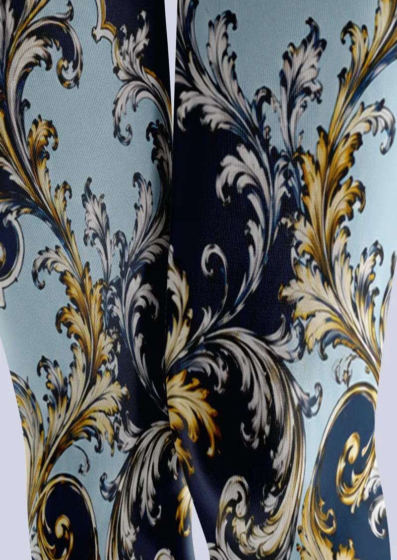 Navy Gold Baroque Scroll Print Tights Hosiery Pantyhose