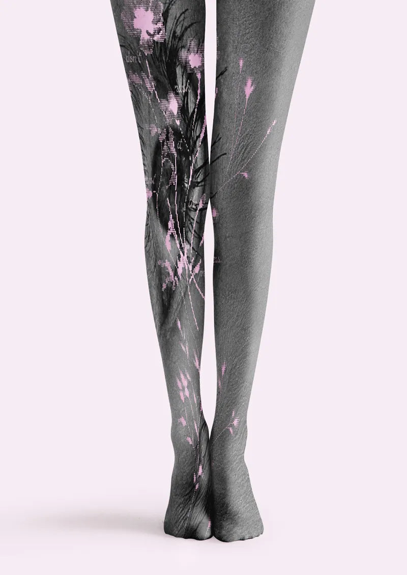 Gray printed tights with pink floral and eye pattern