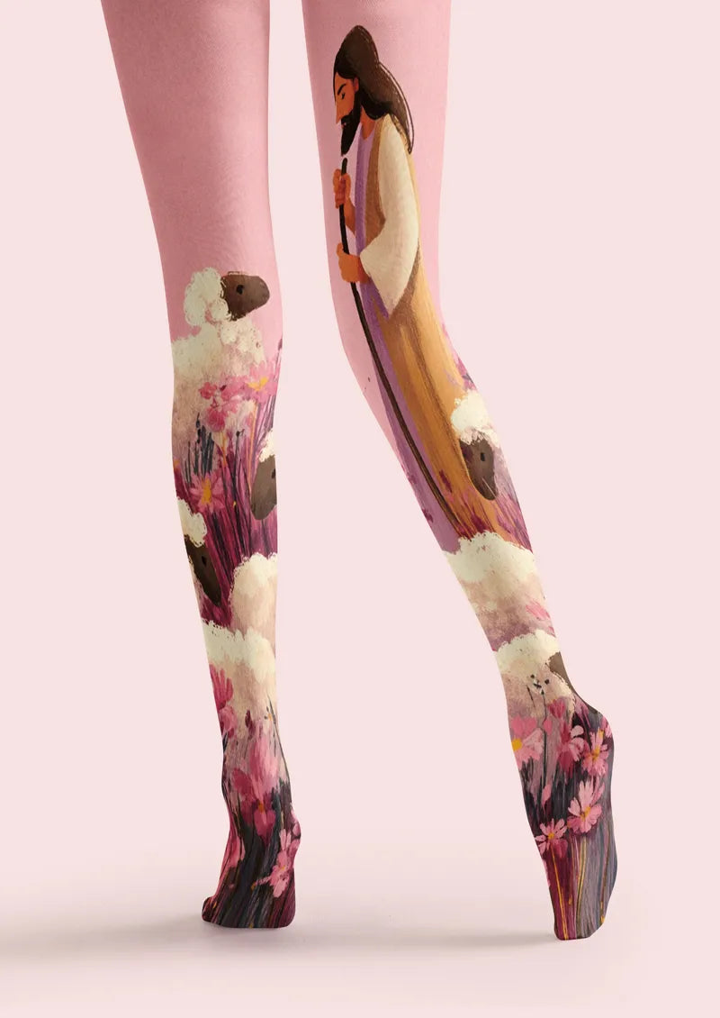 Christian Jesus and Lamb Floral Art Print Tights Hosiery Pantyhose
