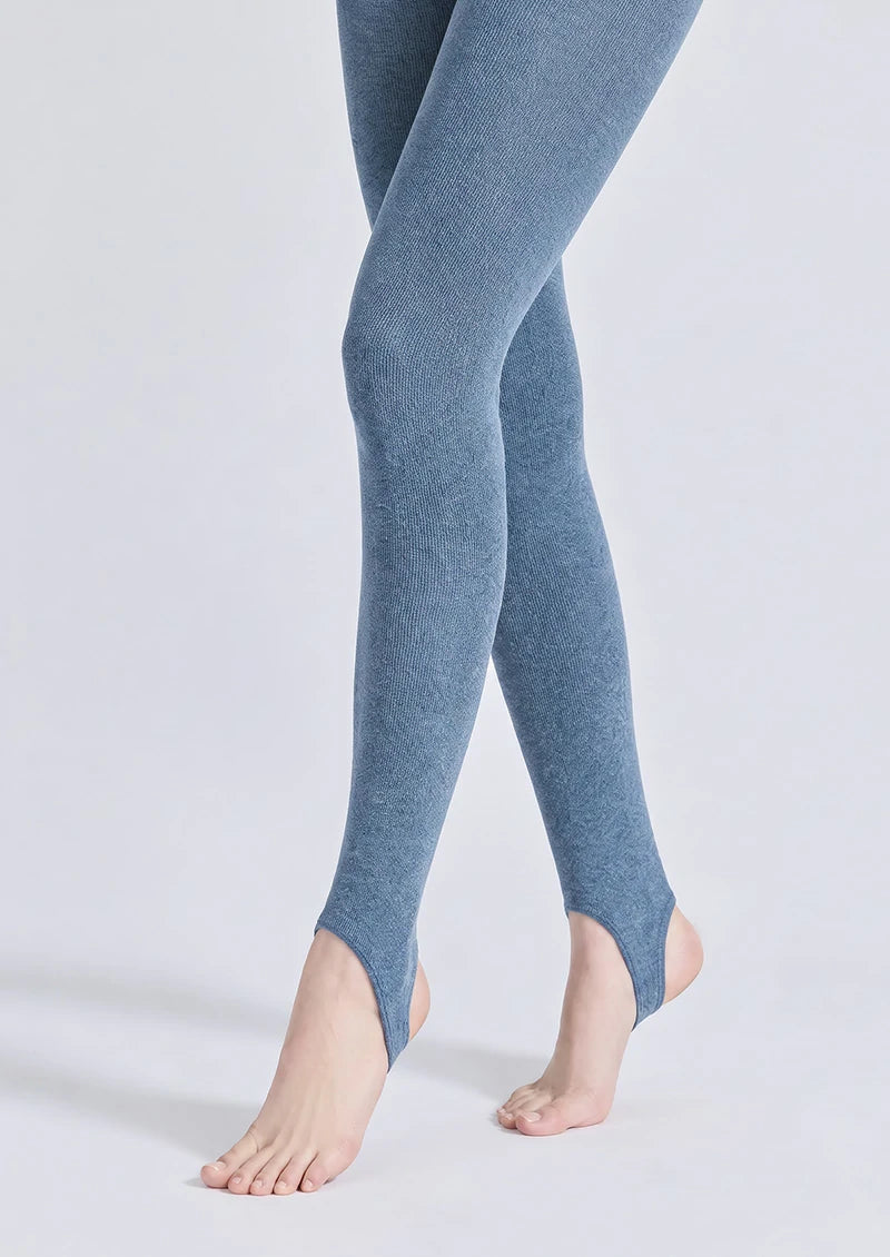 Solid stirrup tights in Blue, Gray, and Black with a clean texture and footed design.