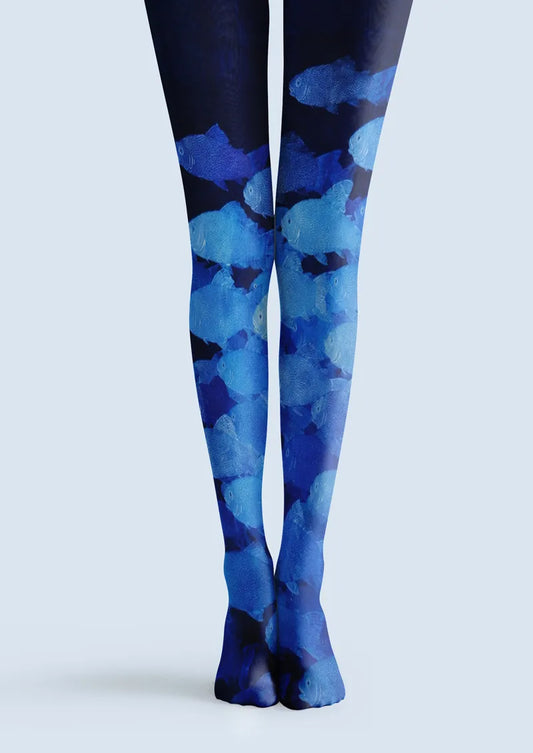 Navy Blue School of Fish Art Print Tights Hosiery Pantyhose