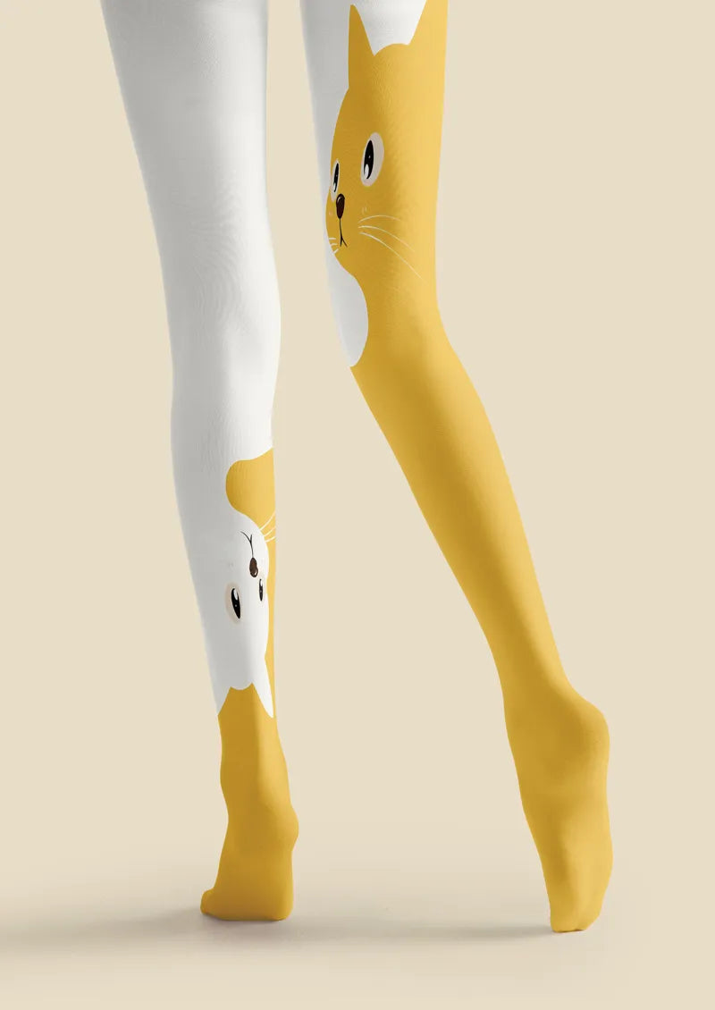 White Yellow Cat Duet Tights