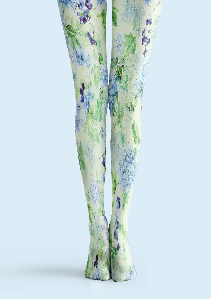 Blue Green Watercolor Floral Print Tights Hosiery Pantyhose
