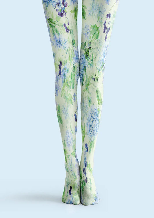 Front product view of Blue Green Wildflower Watercolor Tights