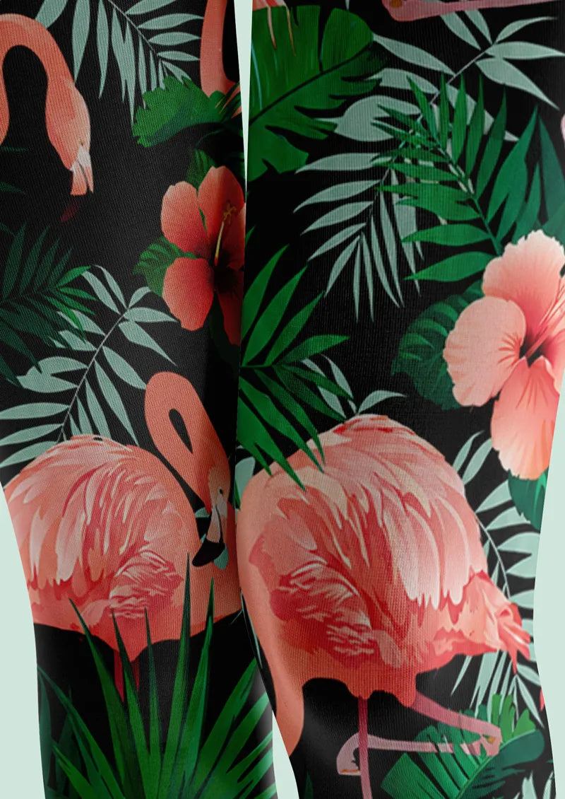 Black Flamingo Tropical Floral Tights Hosiery Pantyhose