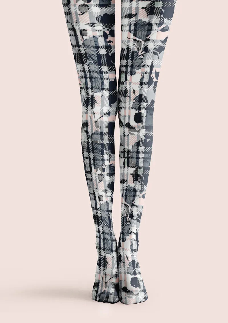 Gray printed tights with black plaid pattern and soft floral motifs