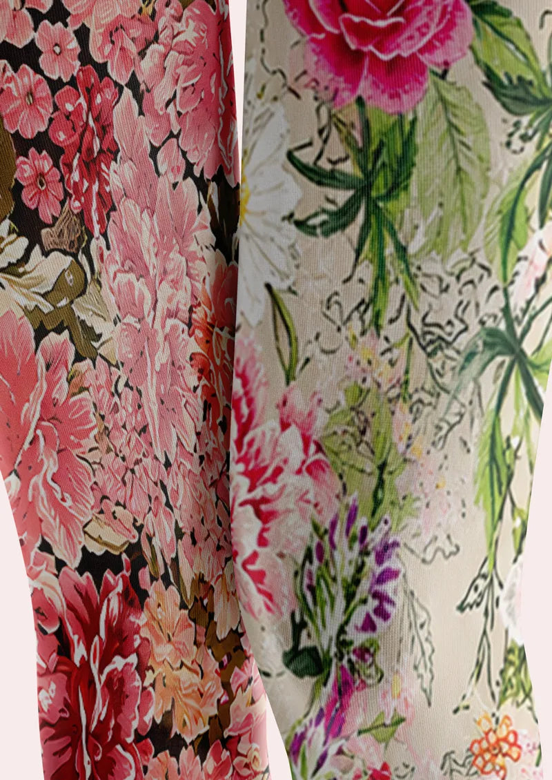 Two-Tone Split Peony and Botanical Floral Print Tights Hosiery Pantyhose