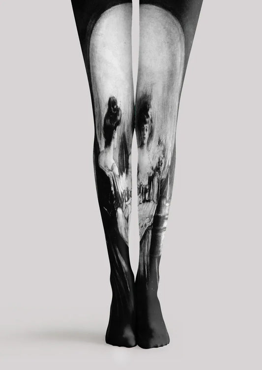 Black and White Painterly Portrait Print Tights Hosiery Pantyhose