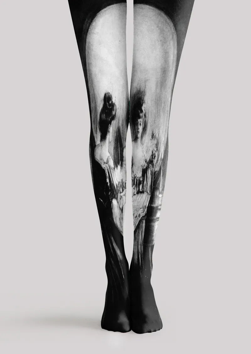 Black and White Painterly Portrait Print Tights Hosiery Pantyhose