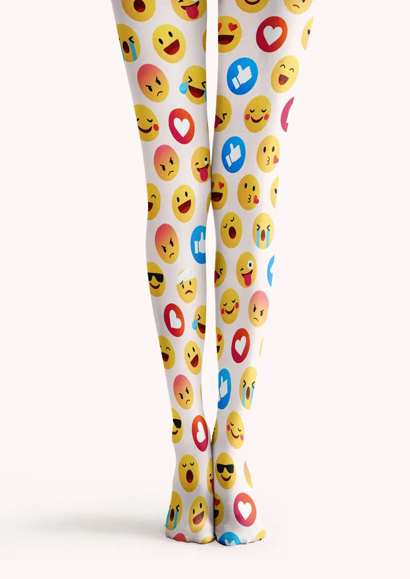 White printed tights with yellow emoji face pattern