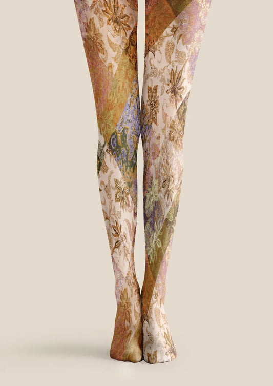 Ivory Gold Baroque Floral Tights Hosiery Pantyhose