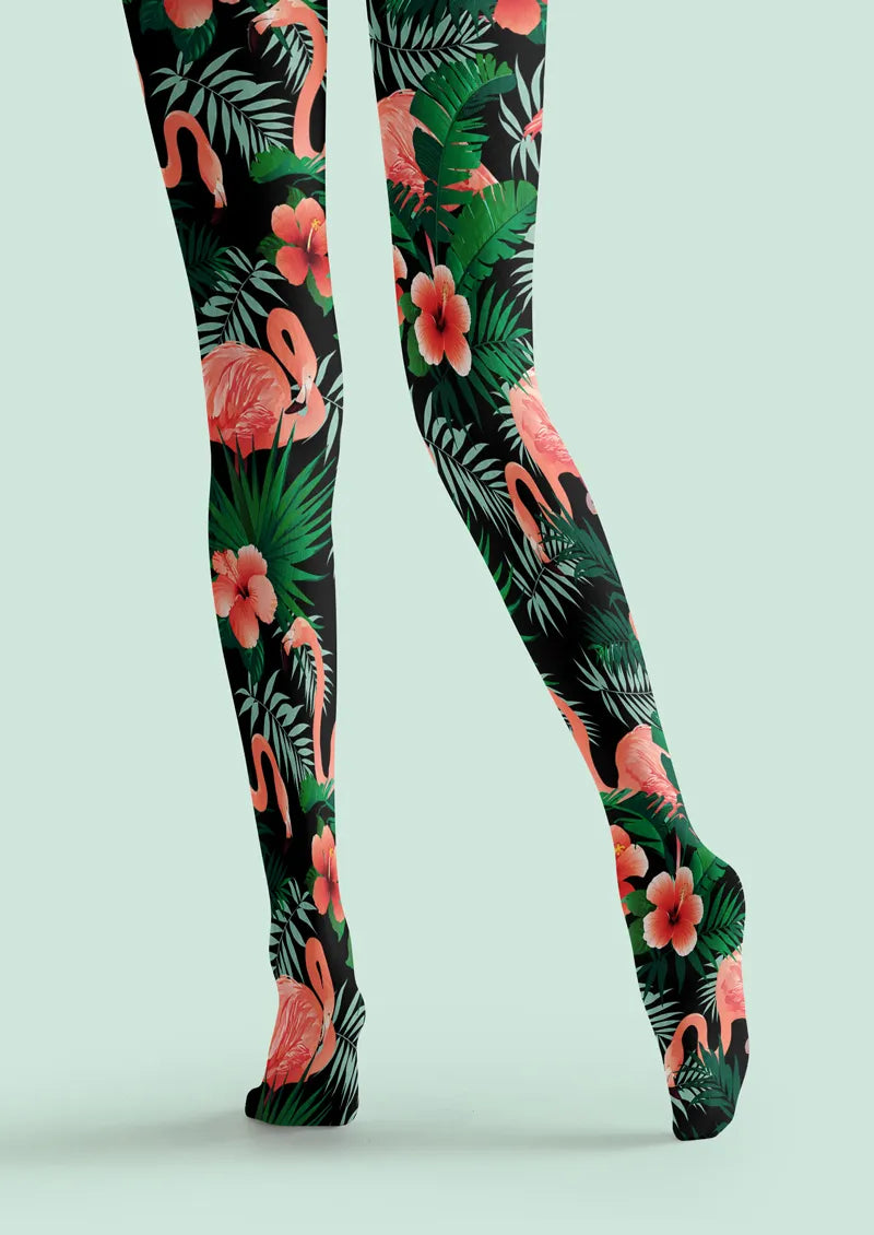 Black Flamingo Tropical Floral Tights Hosiery Pantyhose