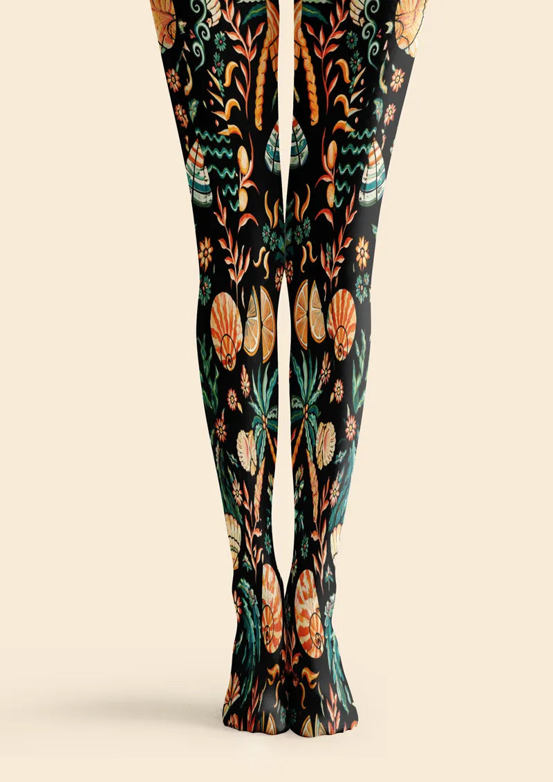 Black Seashell Botanical Print Tights Hosiery Pantyhose