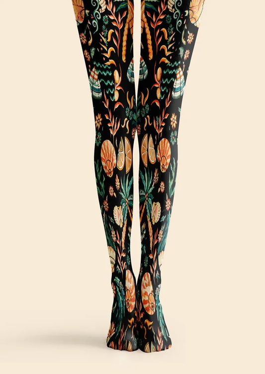 Black Seashell Botanical Print Tights Hosiery Pantyhose