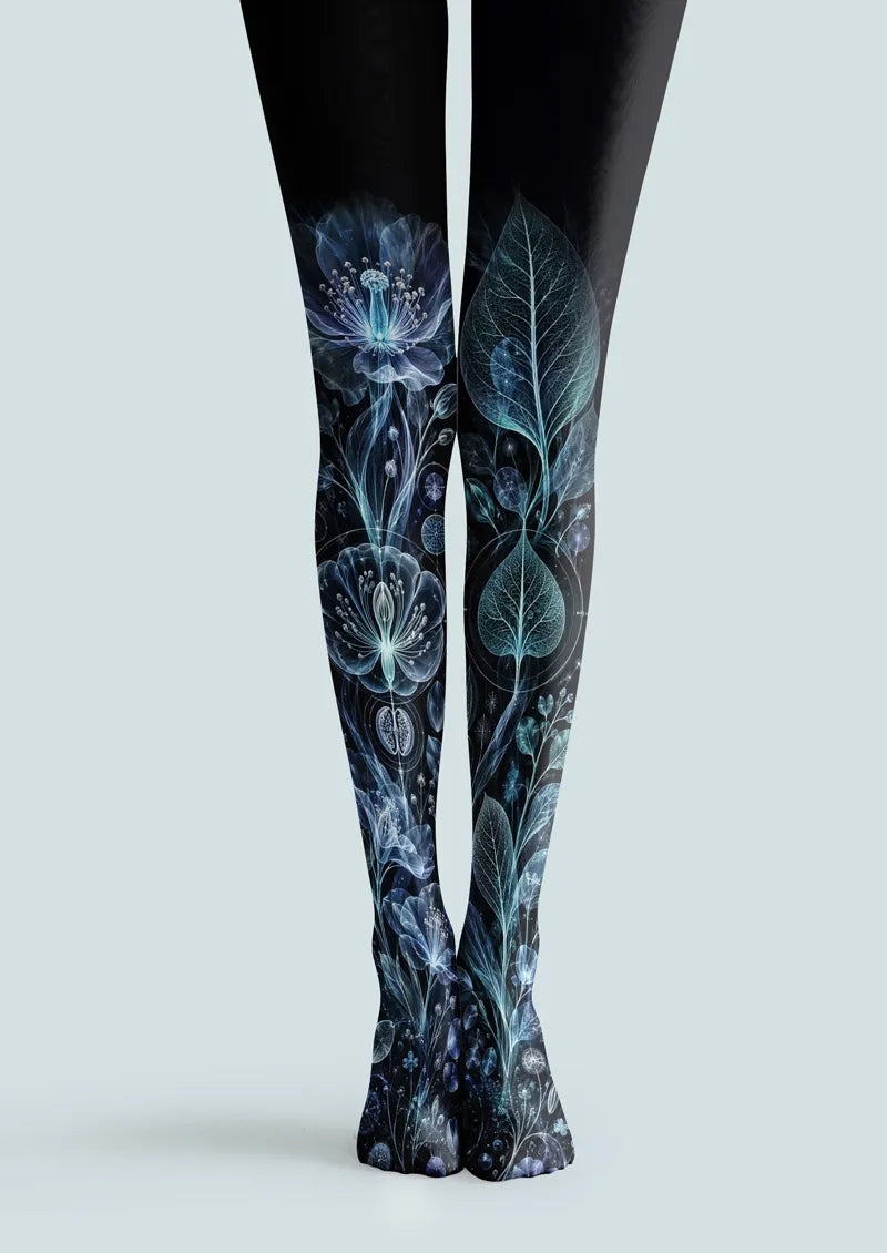 Black printed tights with luminous blue floral and leaf motifs