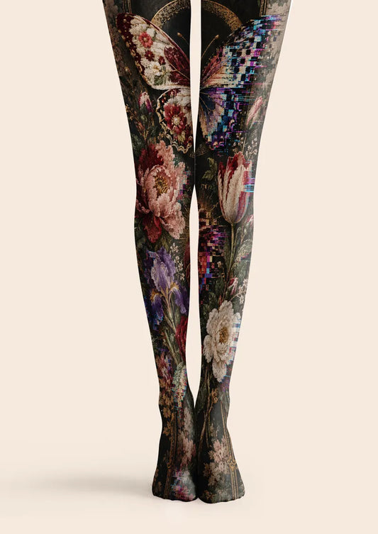 Brown printed tights with butterfly, flowers, and subtle pixel-like accents