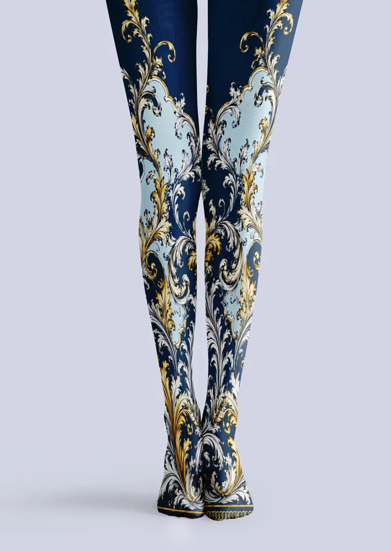 Navy Gold Baroque Scroll Print Tights Hosiery Pantyhose