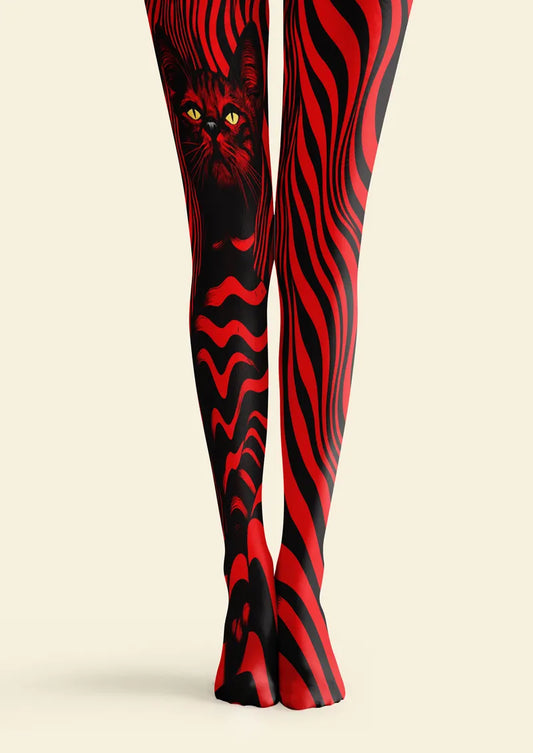 Red and black printed tights with a cat face motif and bold wavy stripes