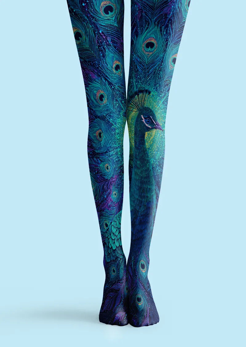 Blue printed tights with peacock and feather pattern
