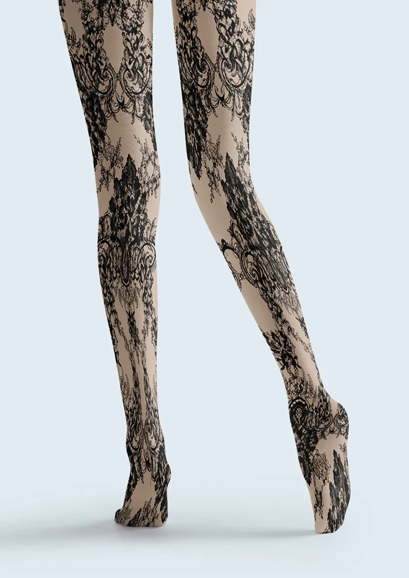 Black Ornamental Baroque Floral Print Tights Hosiery Pantyhose