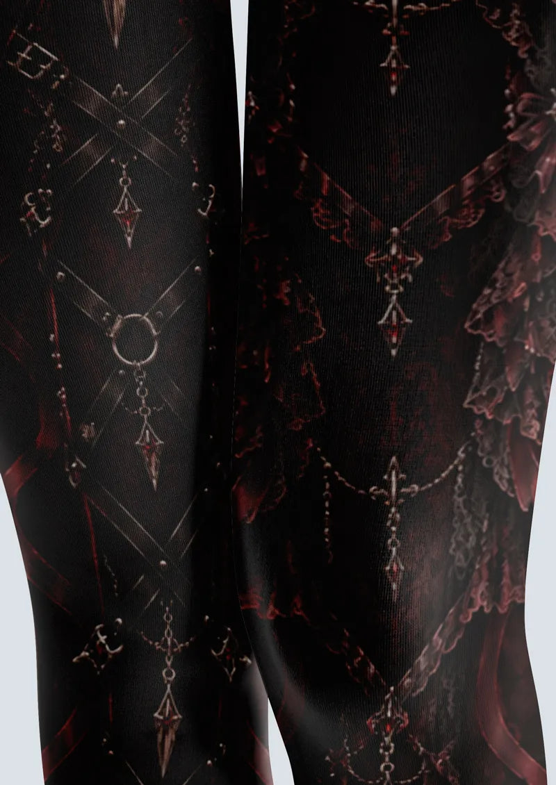 Black Burgundy Gothic Ribbon Tights