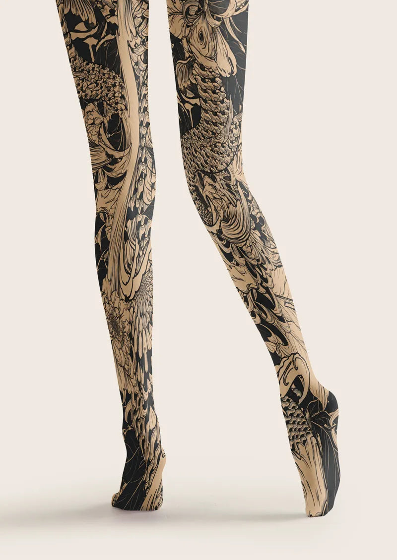 Monochrome Koi and Lotus Art Print Tights Hosiery Pantyhose
