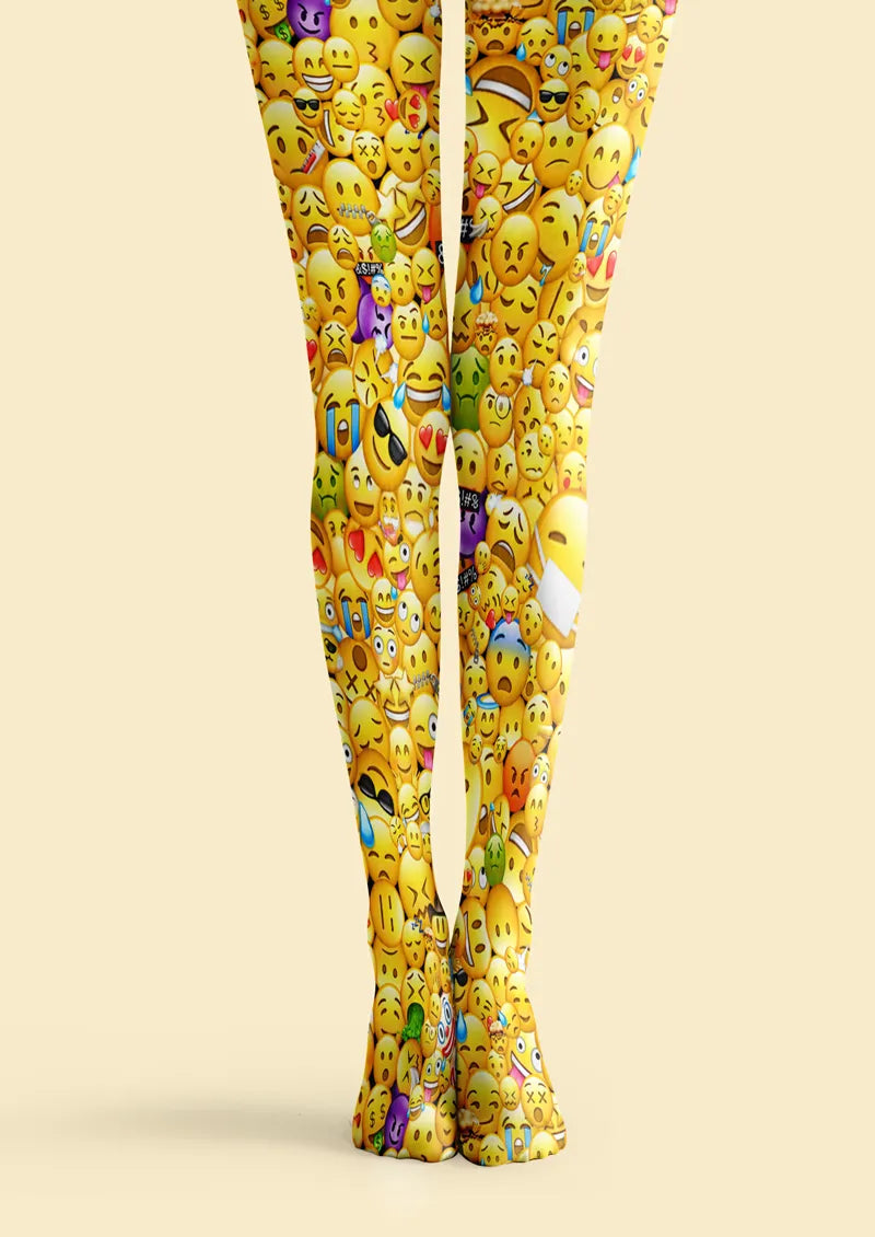 Yellow printed tights with allover emoji face pattern