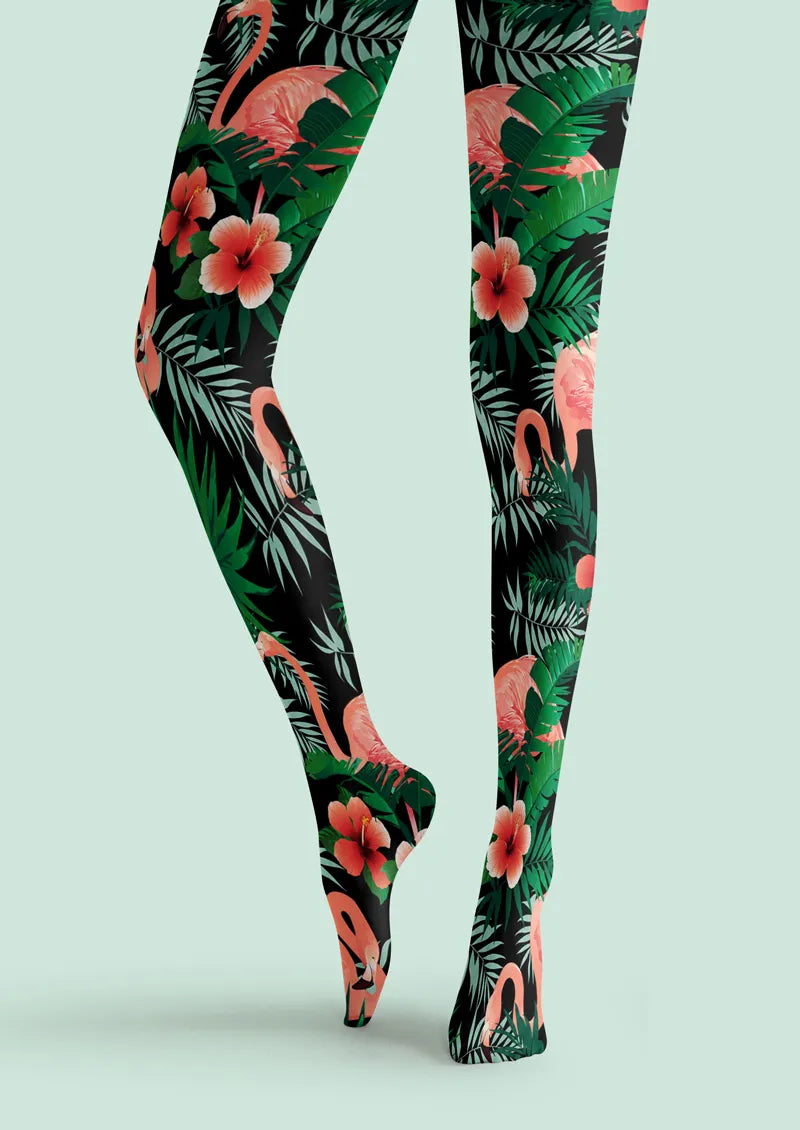 Black Flamingo Tropical Floral Tights Hosiery Pantyhose