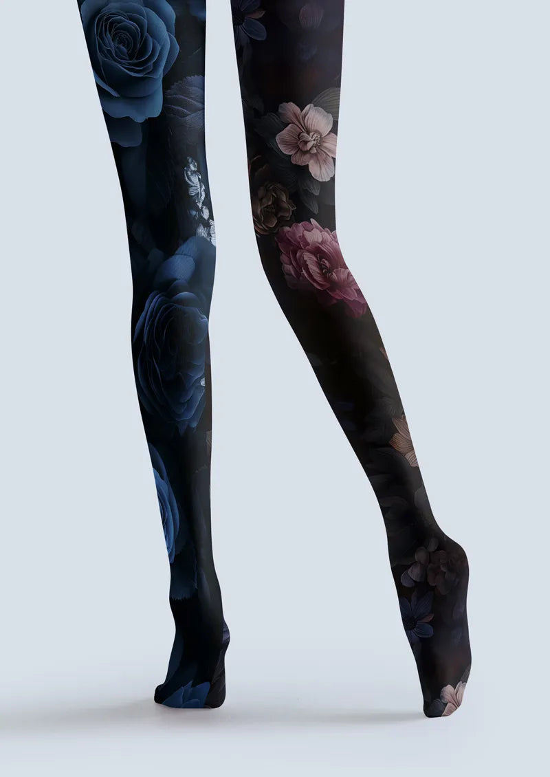 Dark Two-Tone Split Floral Print Tights Hosiery Pantyhose