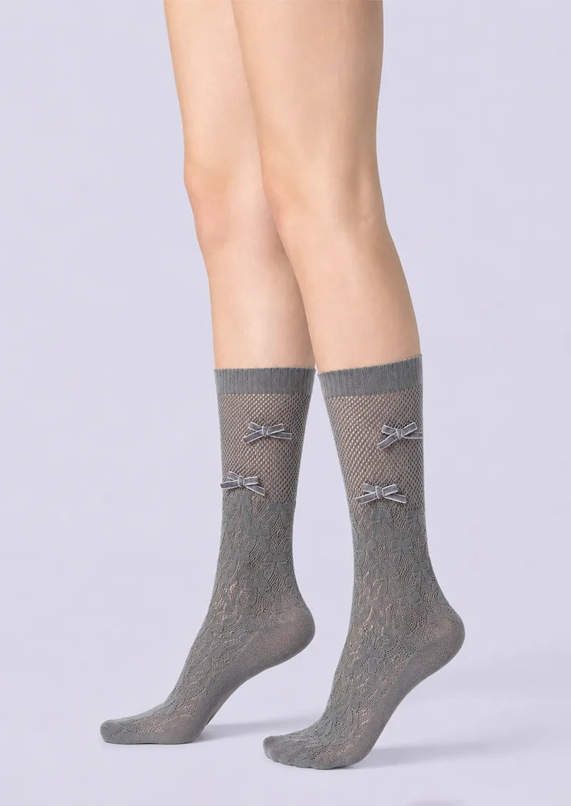 Charcoal Bow Lace Mesh Knee-High Socks