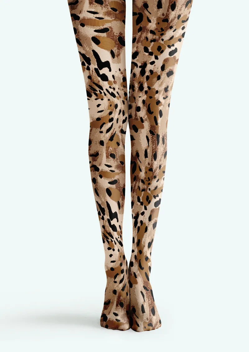 Beige printed tights with black and brown leopard spot animal print