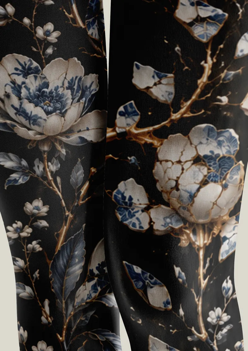 Black Blue Porcelain Floral Tights