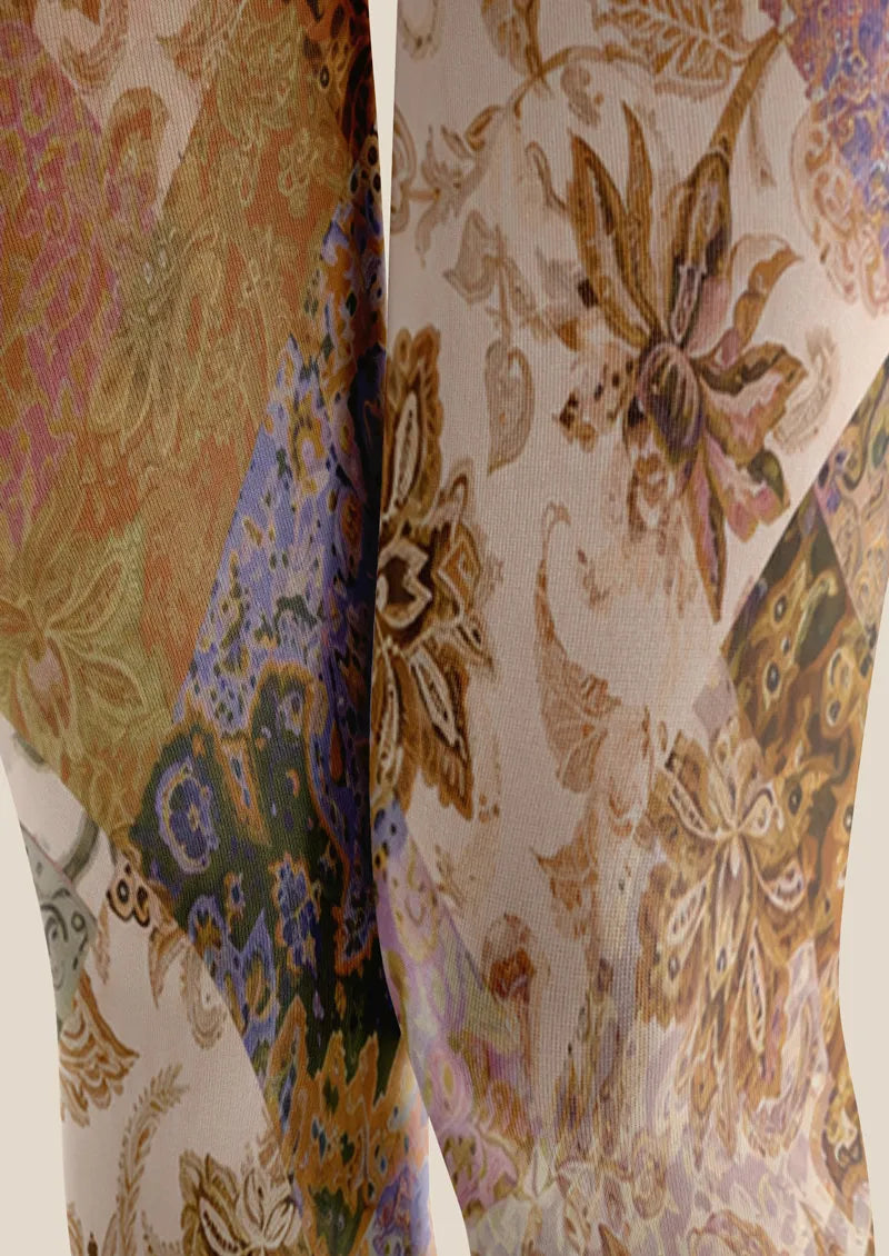 Ivory Gold Baroque Floral Tights Hosiery Pantyhose