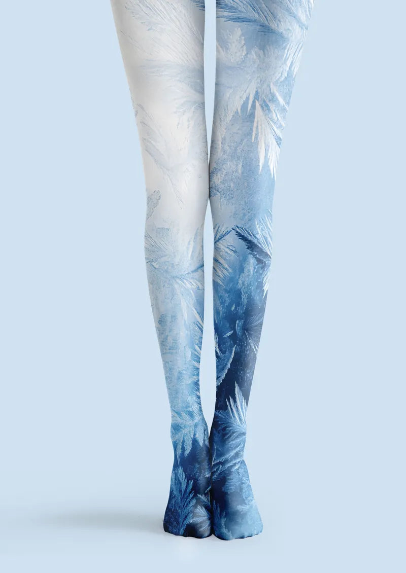 White printed tights with blue ice bloom pattern