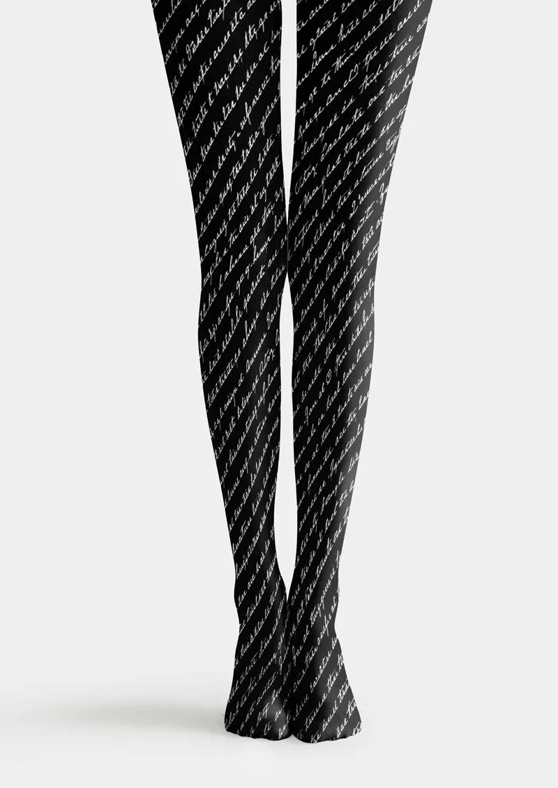 Black printed tights with white cursive script pattern
